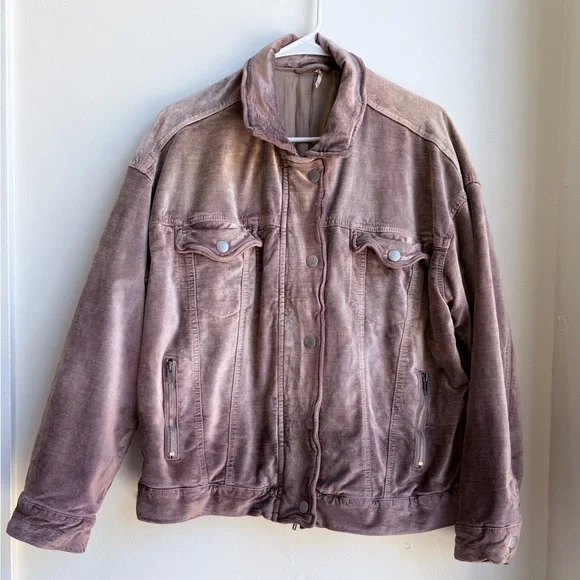 Free People Mauve Velvet Trucker Bomber Jacket Dusty Rose Oversized womens SZ XS - Picture 5 of 16